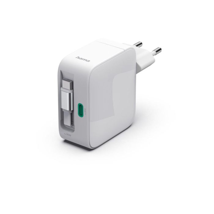 Бързо зарядно 30W GaN 2xUSB-C с разтегателен кабел 0.7м бял