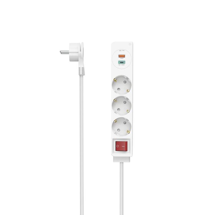 Разклонител HAMA-223185 USB-C/USB-A 3.4A, 3 гнезда, 2x USB, PD/Quick charge, макс 18W,1.4м, 3680W, бял