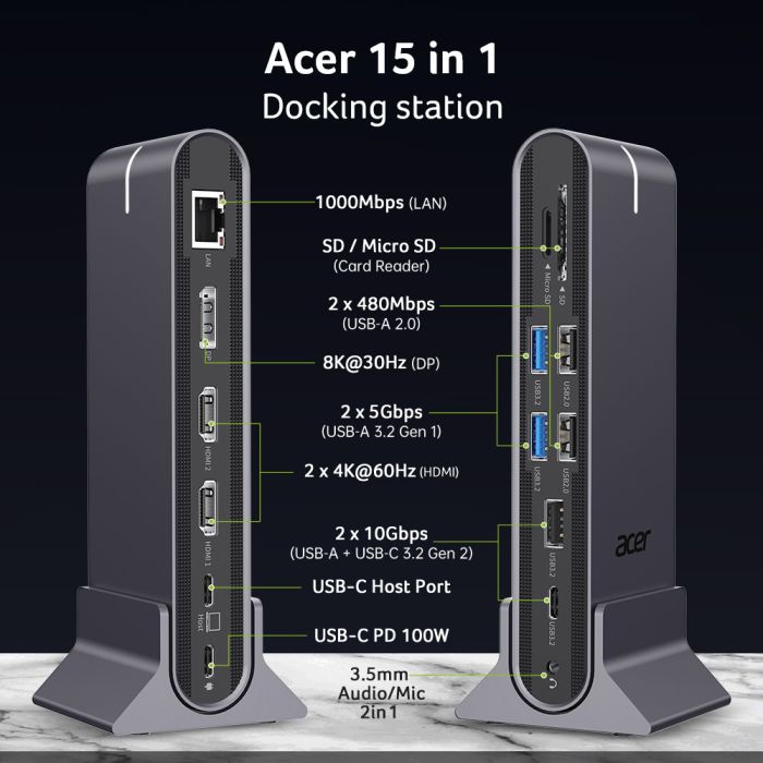 Докинг станция Acer Type C 15in1 2xHDMI DP 5xUSB A USB C RJ45 SD/Micro SD Audio Gray