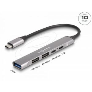 HUB USB-C Delock 4 порта 1xUSB-A 10 Gbps 2xUSB-A 1xUSB-C USB-C PD 95 W