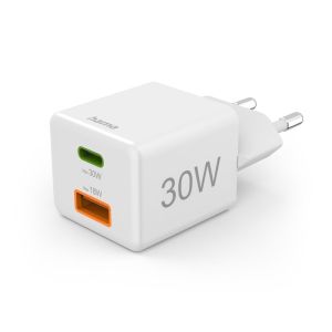 Бързо мини Gan зарядно HAMA-201992  30W  1x USB-C 1x USB-A  PD  бял