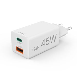 Бързо мини зарядно HAMA-201993  45W  1x USB-C - 1x USB-A  PD  бяло
