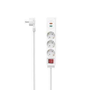Разклонител HAMA-223185 USB-C/USB-A 3.4A, 3 гнезда, 2x USB, PD/Quick charge, макс 18W,1.4м, 3680W, бял