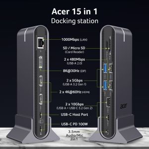 Докинг станция Acer Type C 15in1  2xHDMI  DP  5xUSB A  USB C  RJ45  SD/Micro SD  Audio  Gray
